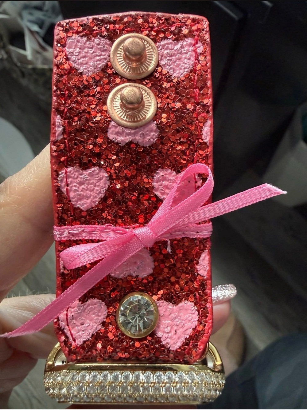 Handcrafted Pink & Red Glitter with hearts Apple Watchband fits 5.75” wrist- - Picture 2 of 4